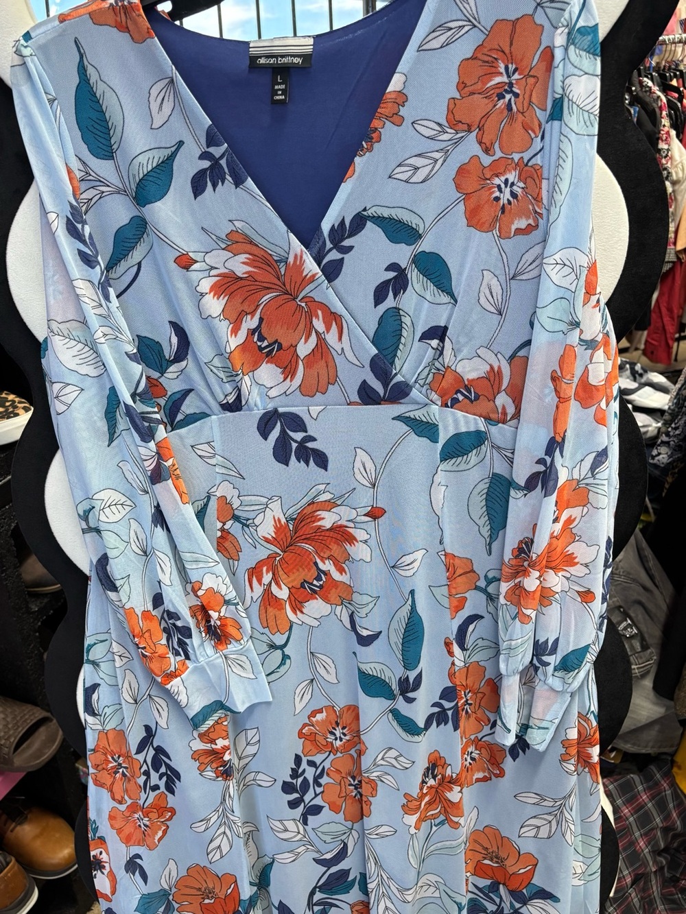 Allison Brittney Blue Floral V-Neck Dress with Orange and Teal Accents